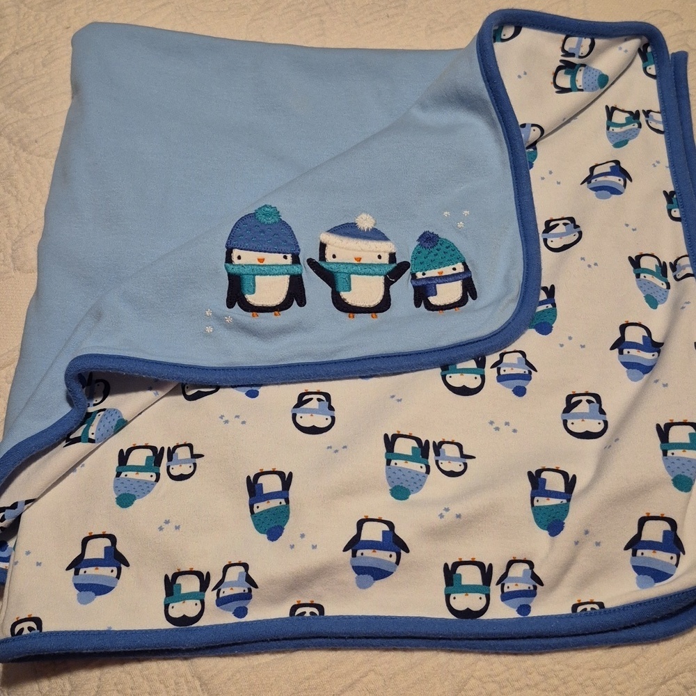 Vintage Gymboree Newborn Essentials Penguin Cotton Blue blanket VGUC